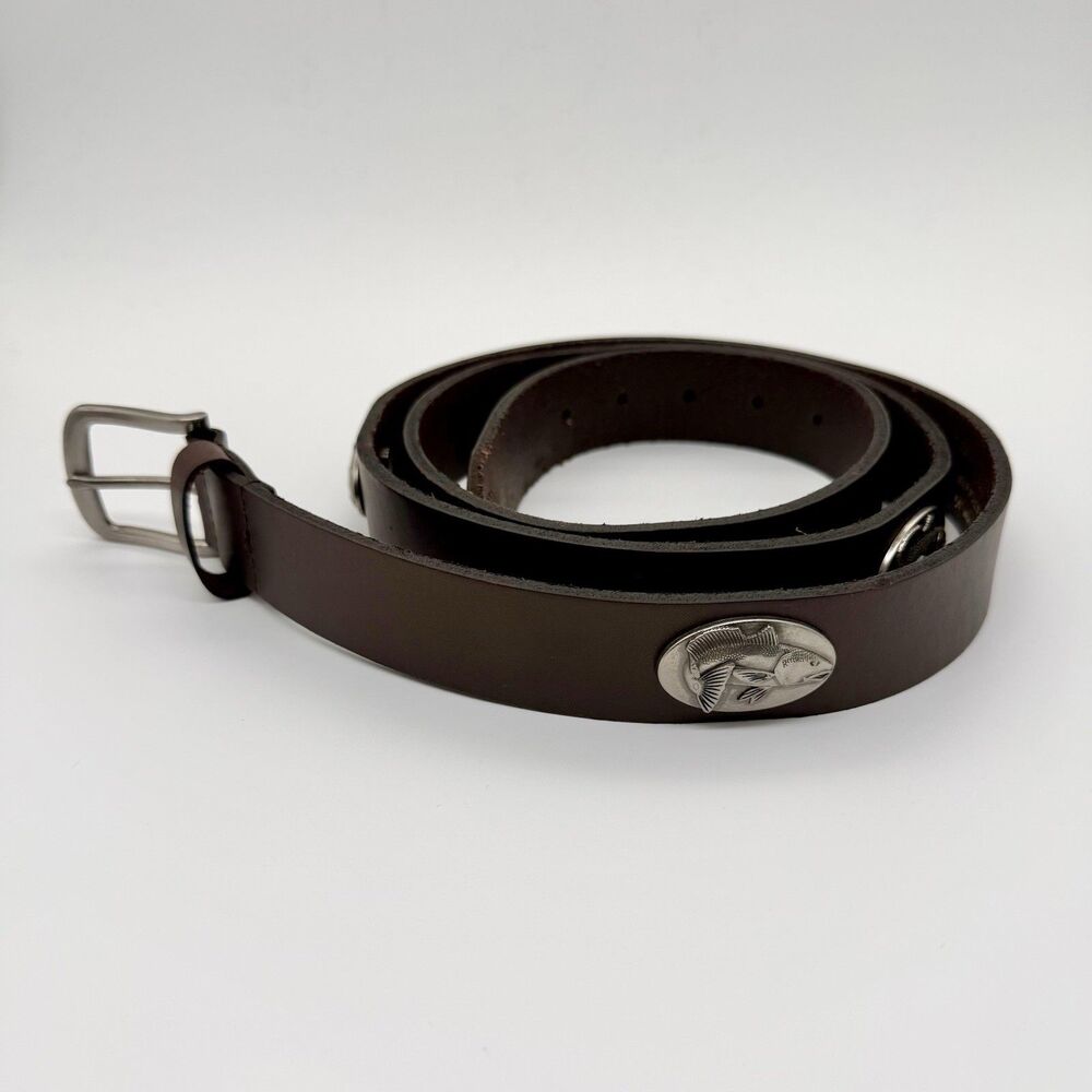 Zep-Pro Belt Brown Full Grain Leather w/3D Silver Tone Metal Fish Emblems  Sz 54